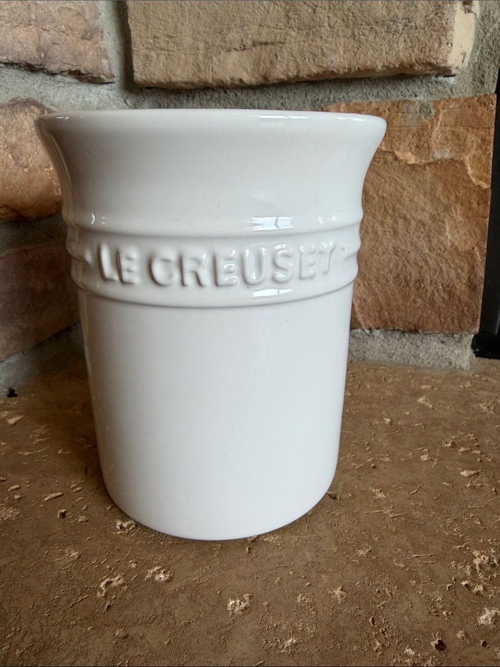 Le Creuset White Ceramic Utensil Crock with Embossed Logo